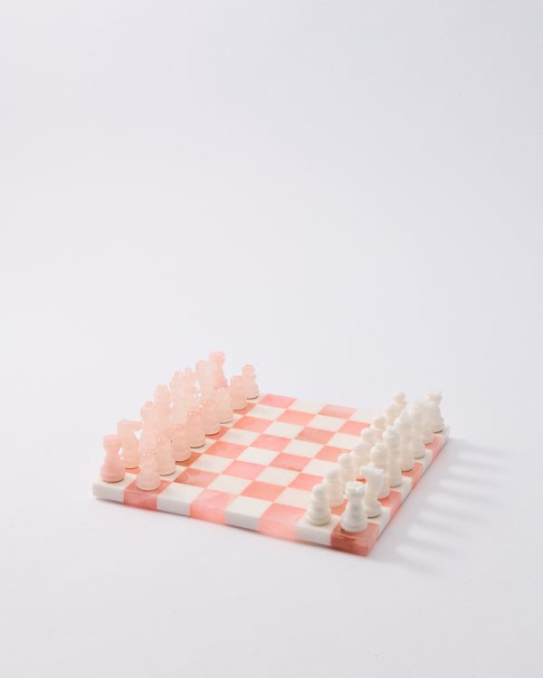 Rose Pink/White Small Italian Alabaster Chess Set