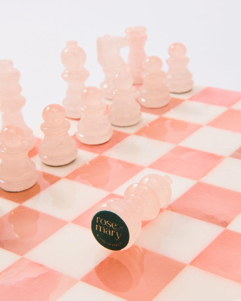 Rose Pink/White Small Italian Alabaster Chess Set