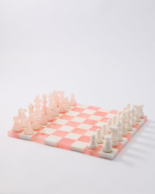 Rose Pink/White Italian Alabaster Large Chess Set