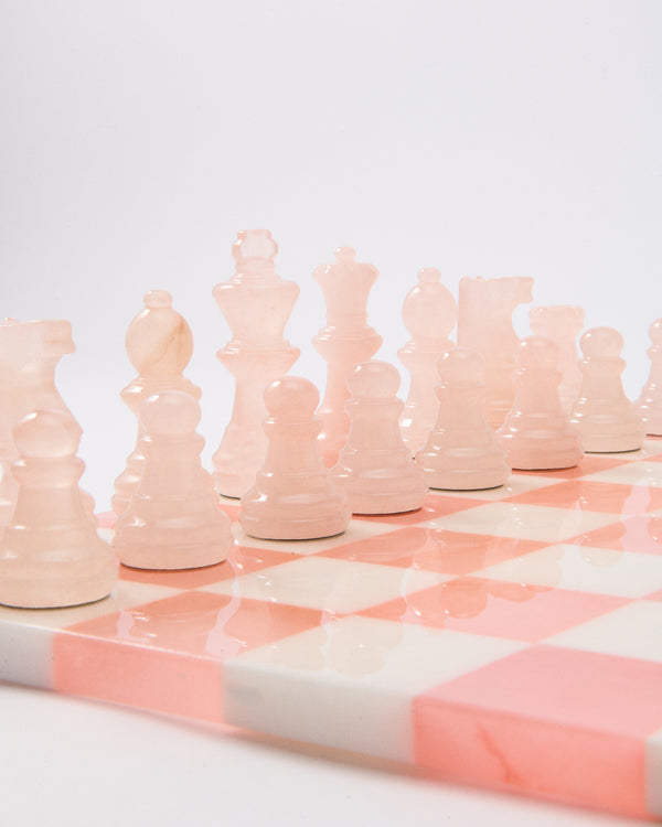 Rose Pink/White Italian Alabaster Large Chess Set