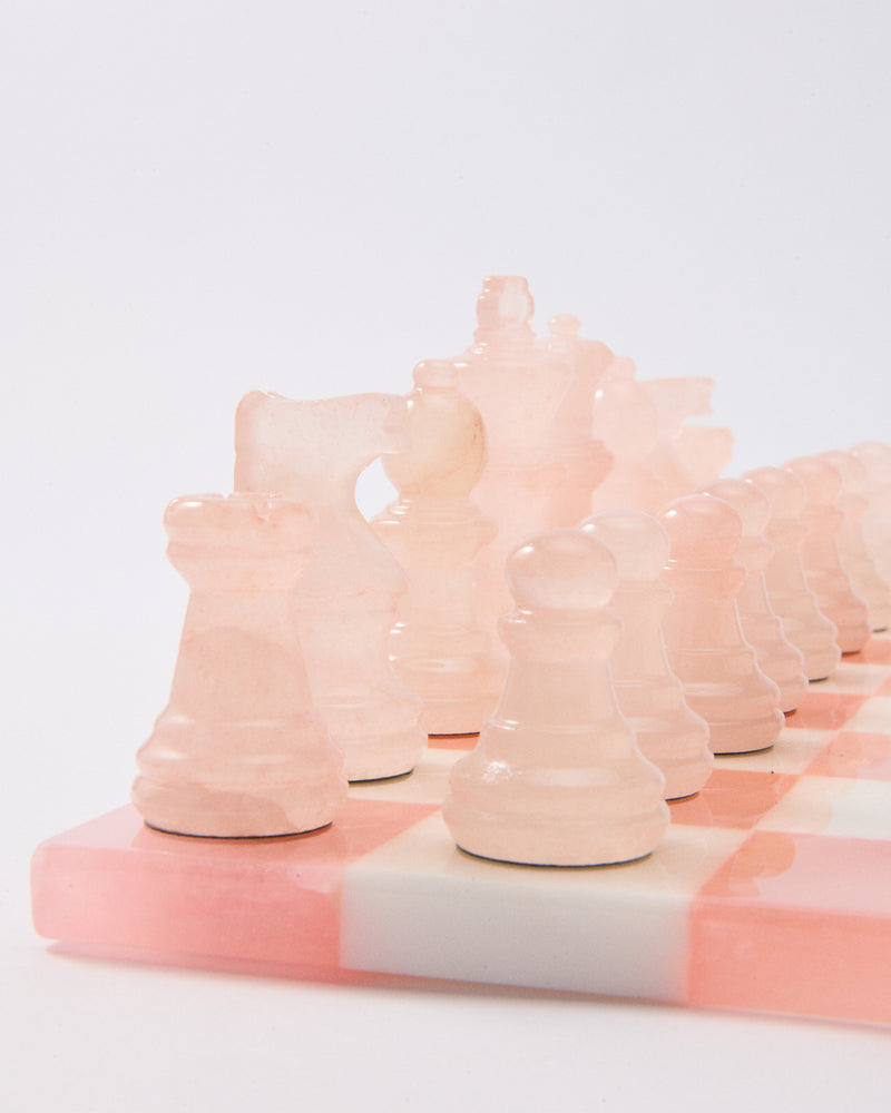 Rose Pink/White Italian Alabaster Large Chess Set