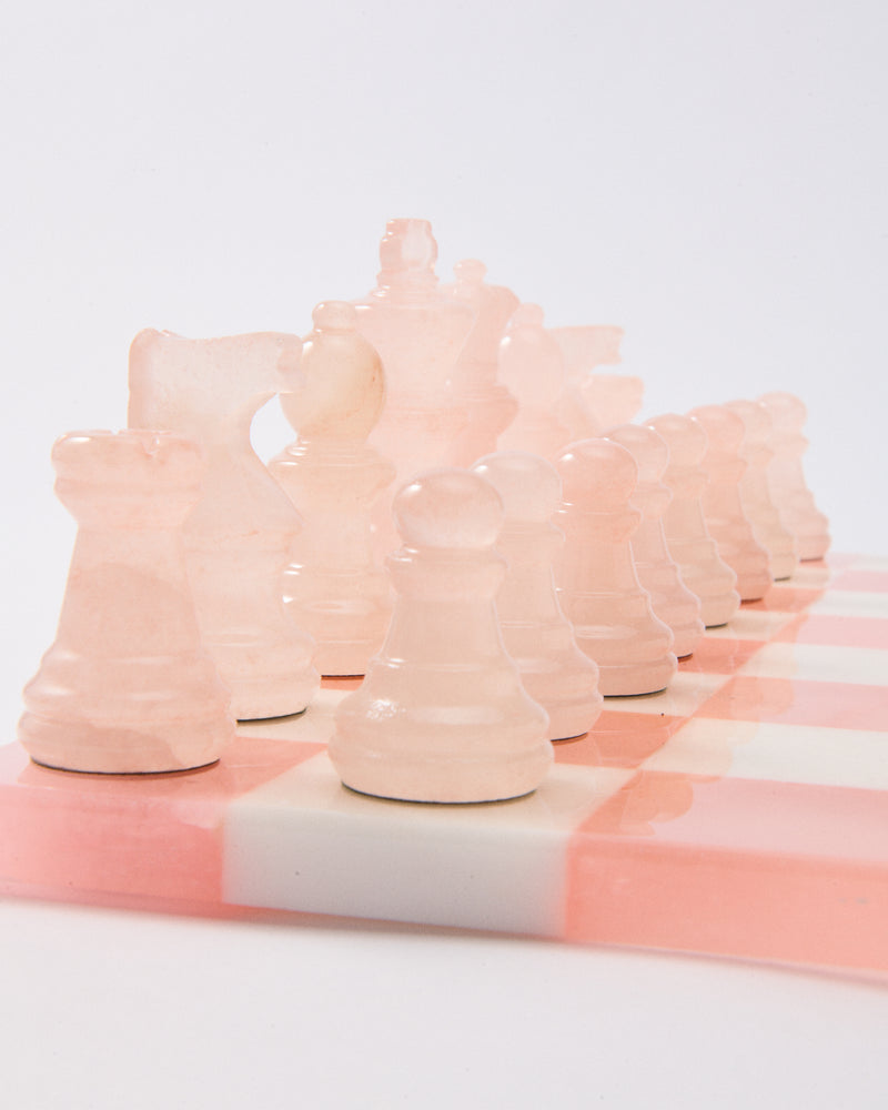 Rose Pink/White Italian Alabaster Large Chess Set