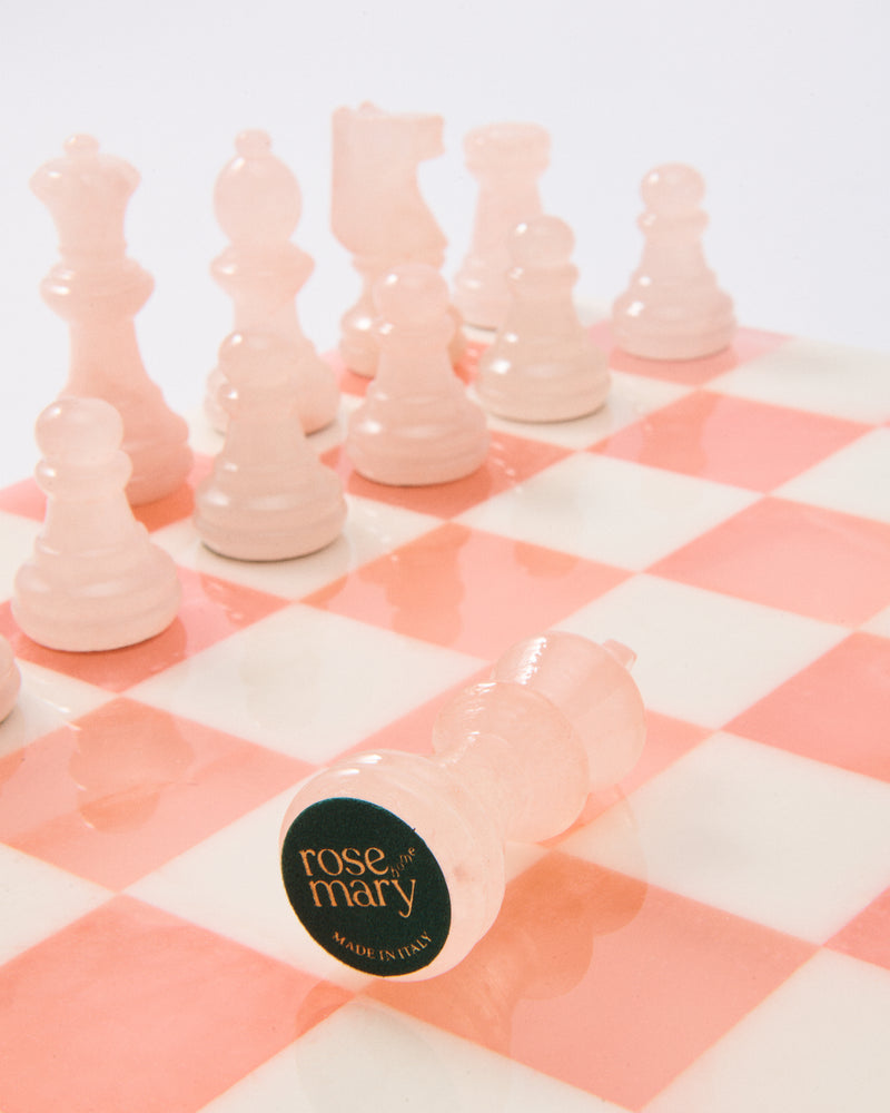 Rose Pink/White Italian Alabaster Large Chess Set