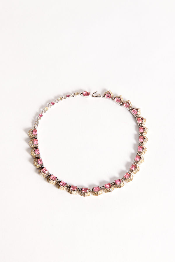Vintage Pink Diamanté Silvertone Collar Necklace