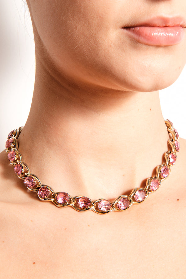 1950s Pink Rhinestone Gold Chain Necklace