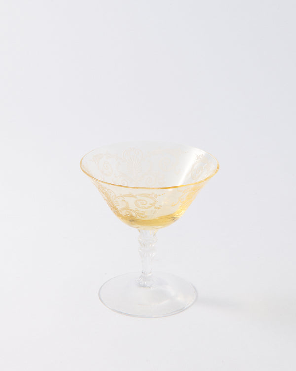 1930s American Etched Topaz Low Waterfall Stem Cocktail Glass