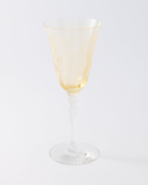1930s Topaz Yellow Etched Geometric Flower Champagne Flute