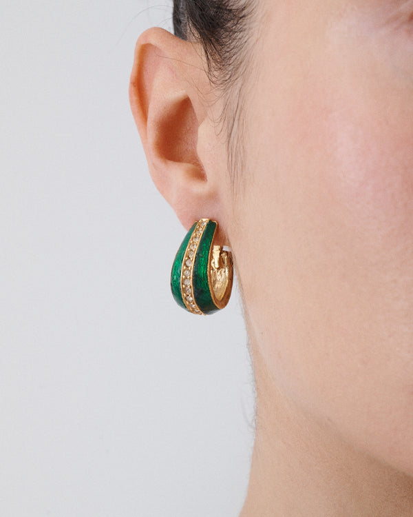 Green Enamel Rhinestone Clip-On Earrings