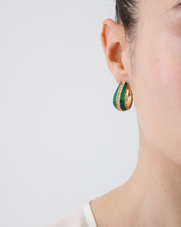 Green Enamel Rhinestone Clip-On Earrings