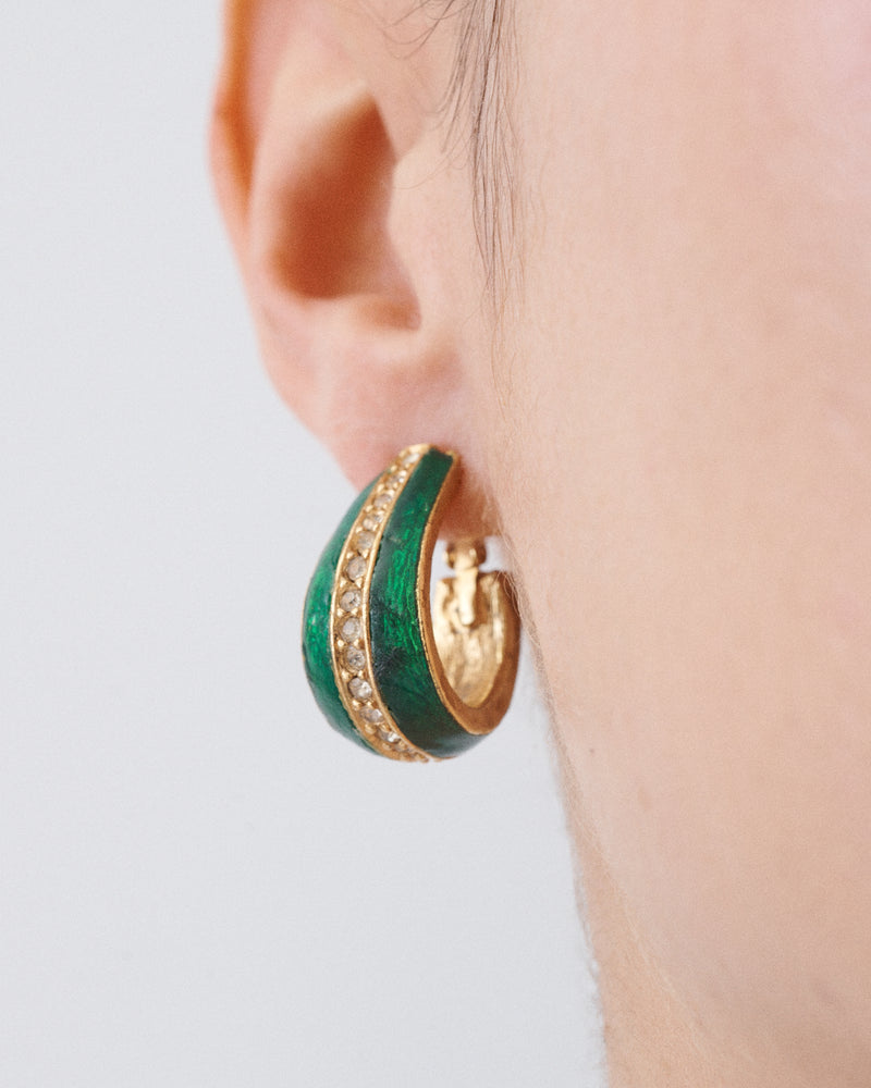 Green Enamel Rhinestone Clip-On Earrings