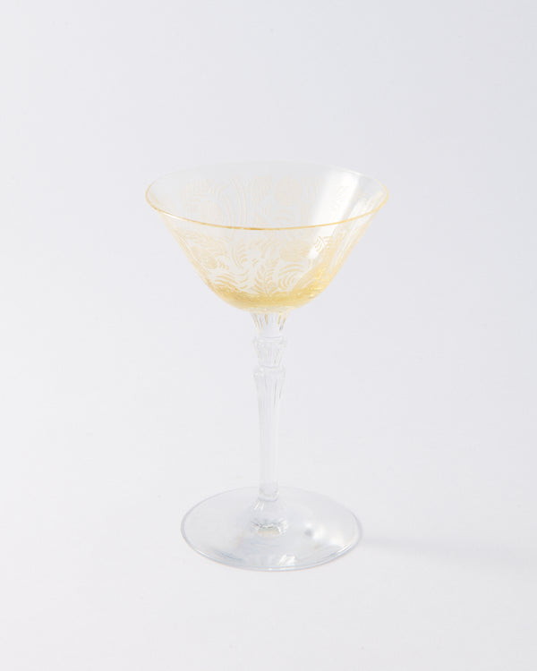 1930s American Topaz Yellow Etched Geometric Flower Cocktail Glass