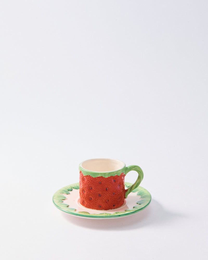 1950s Italian Ceramic Strawberry Espresso Cup & Saucer