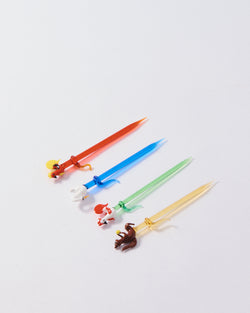 1950s Hand Blown Glass Rooster, Swan, & Squirrel Cocktail Pick Set of Four