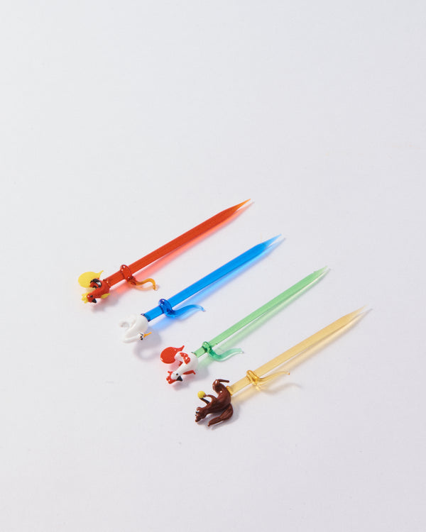 1950s Hand Blown Glass Rooster, Swan, & Squirrel Cocktail Pick Set of Four