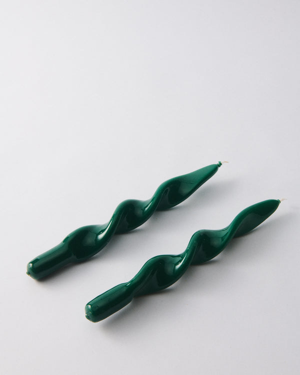 Italian Dark Green Lacquer Twist Taper Candle Pair