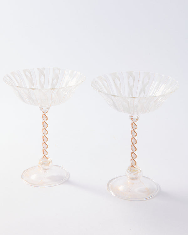 Murano Gold & White Latticino Coupe/Compote Glass Set of Two