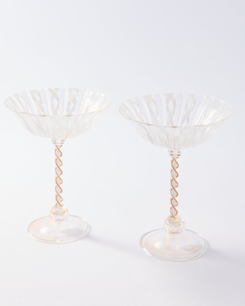 Murano Gold & White Latticino Coupe/Compote Glass Set of Two