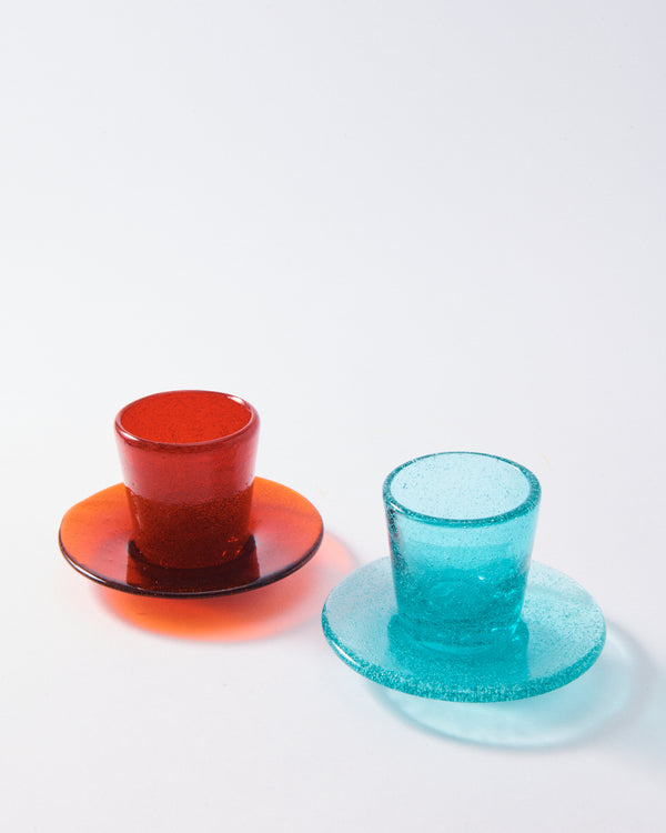 Murano Warm Red & Aquamarine Glass Demitasse Set of Two