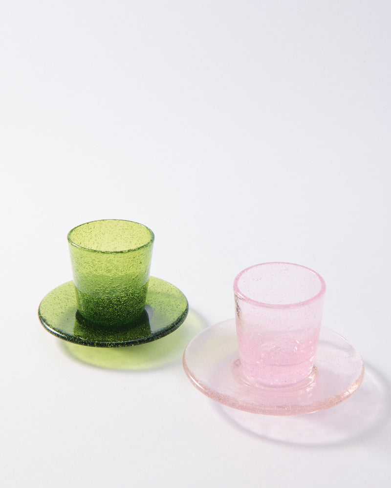Murano Leaf Green & Pale Pink Glass Demitasse Set of Two