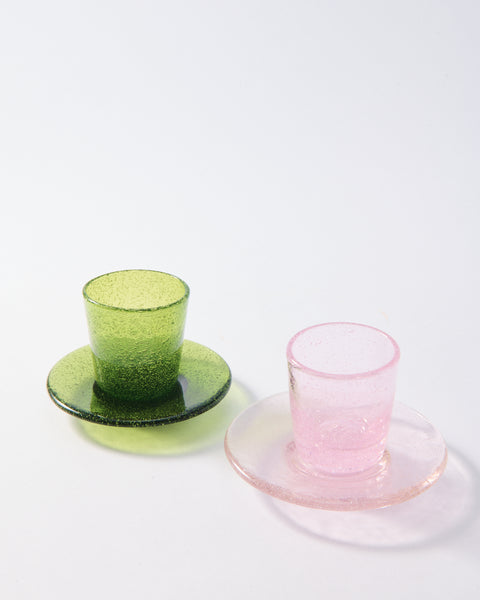 Murano Leaf Green & Pale Pink Glass Demitasse Set of Two