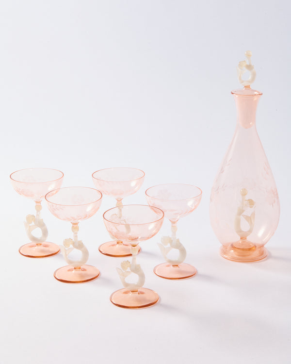 1930s Art Deco Etched Mermaid Decanter Set of Six Pieces