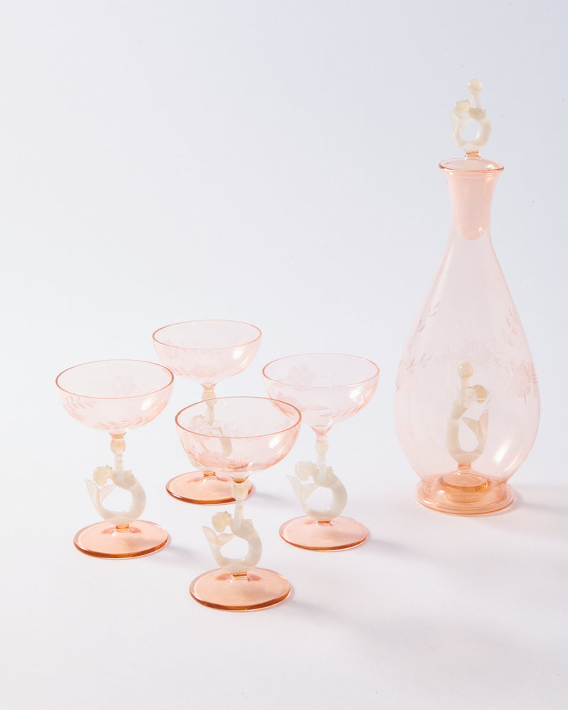 1930s Art Deco Etched Mermaid Decanter Set of Five Pieces