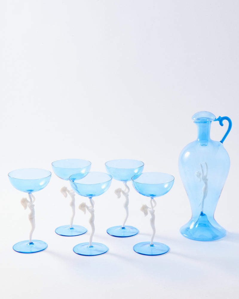 1930s Capri Blue Nude Decanter Set of Six Pieces