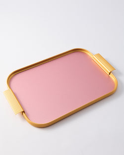 Small pink and gold anodised aluminium drink tray with ribbed edges and built-in handles, photographed on a clean white background