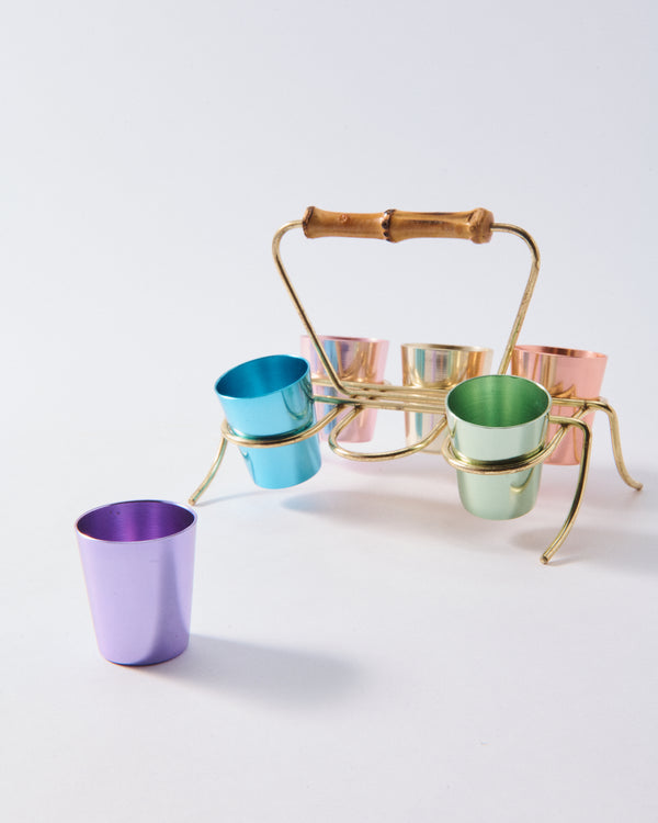 1950s Bamboo Metallic Shot Glass Carrier