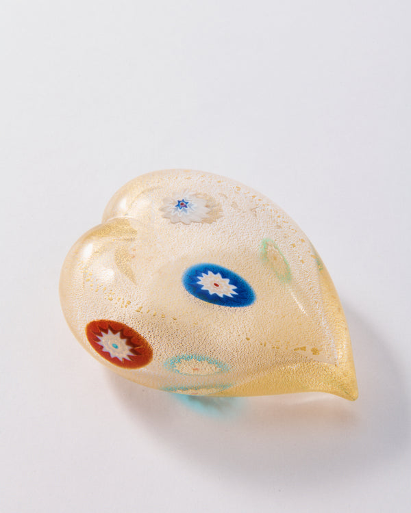 1960s Gold Multicolor Millefiori Heart Paperweight
