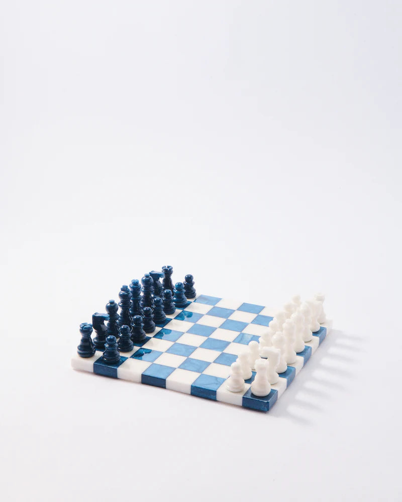 Lapis Blue/White Small Italian Alabaster Chess Set