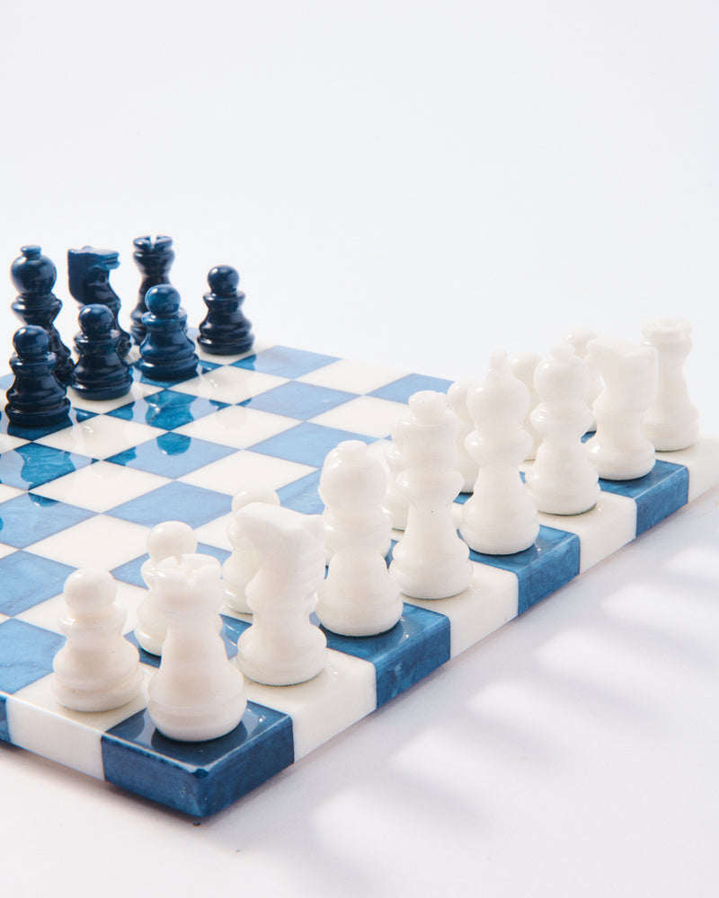 Lapis Blue/White Small Italian Alabaster Chess Set