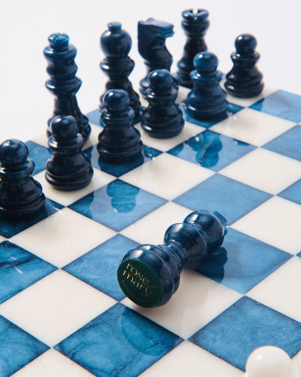 Lapis Blue/White Small Italian Alabaster Chess Set