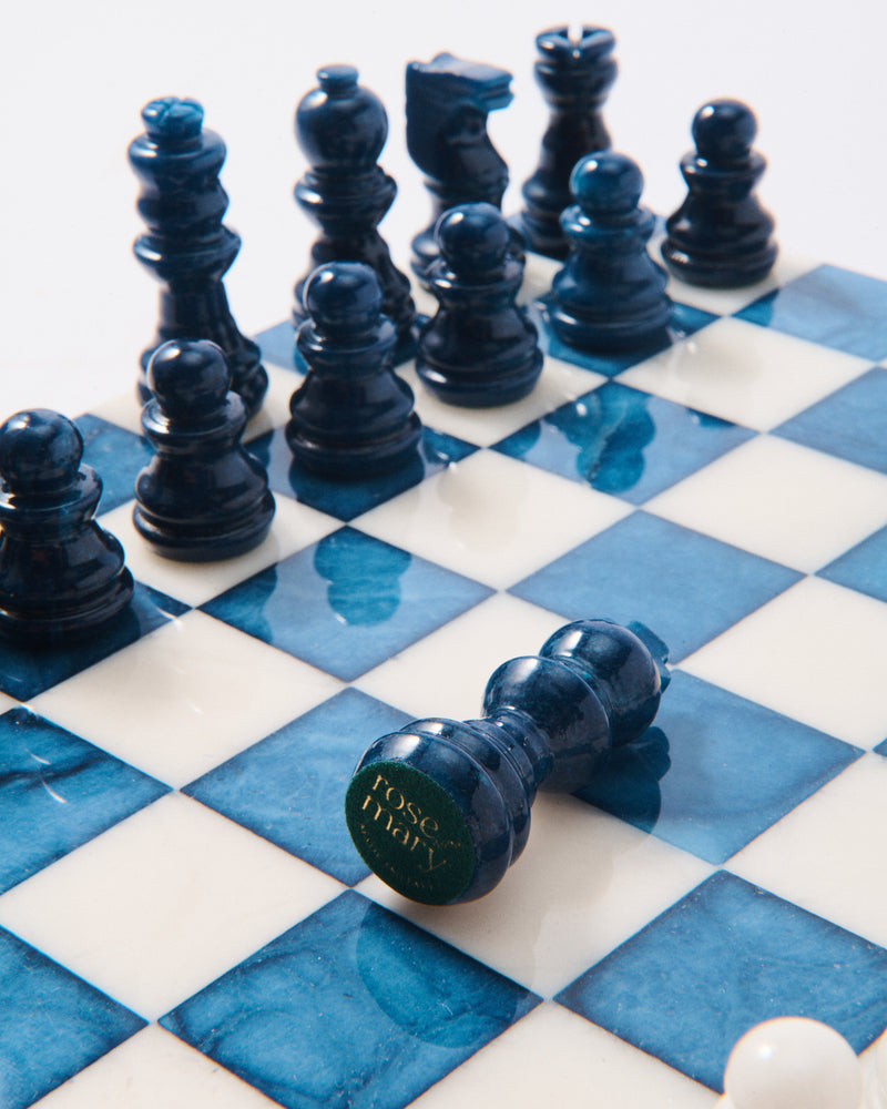 Lapis Blue/White Small Italian Alabaster Chess Set