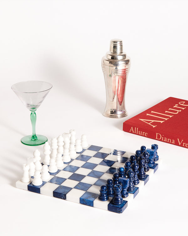 Italian Lapis Blue/White Small Alabaster Chess Set