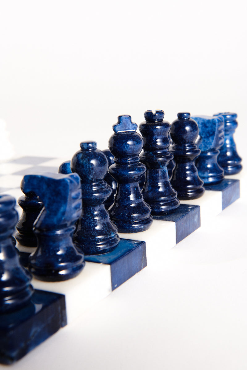 Lapis Blue/White Small Italian Alabaster Chess Set