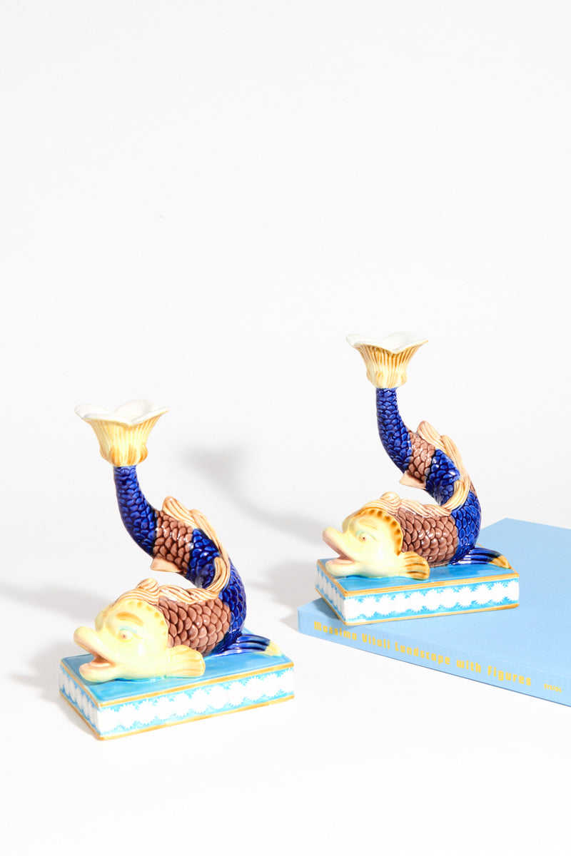 Fantastical Ceramic Koi Fish Candle Holder Set of Two