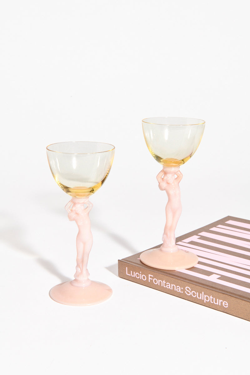 Rare 1930s Classical Nude Stem Aperitif Glass Set of Two