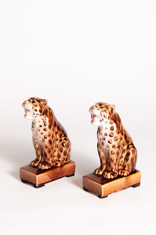 Italian Hand Painted Ceramic Leopard Bookend Set