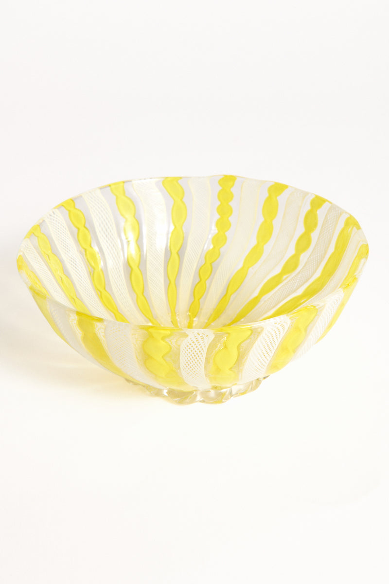 Murano Lemon Yellow/White Latticino Bowl