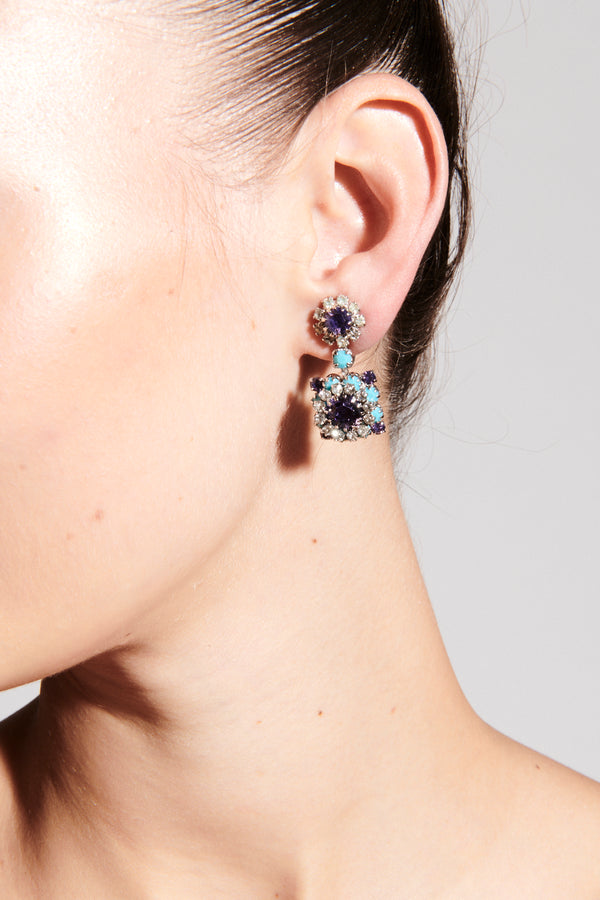 Rhinestone/Faux Turquoise/Amethyst Crystal Clip Earrings