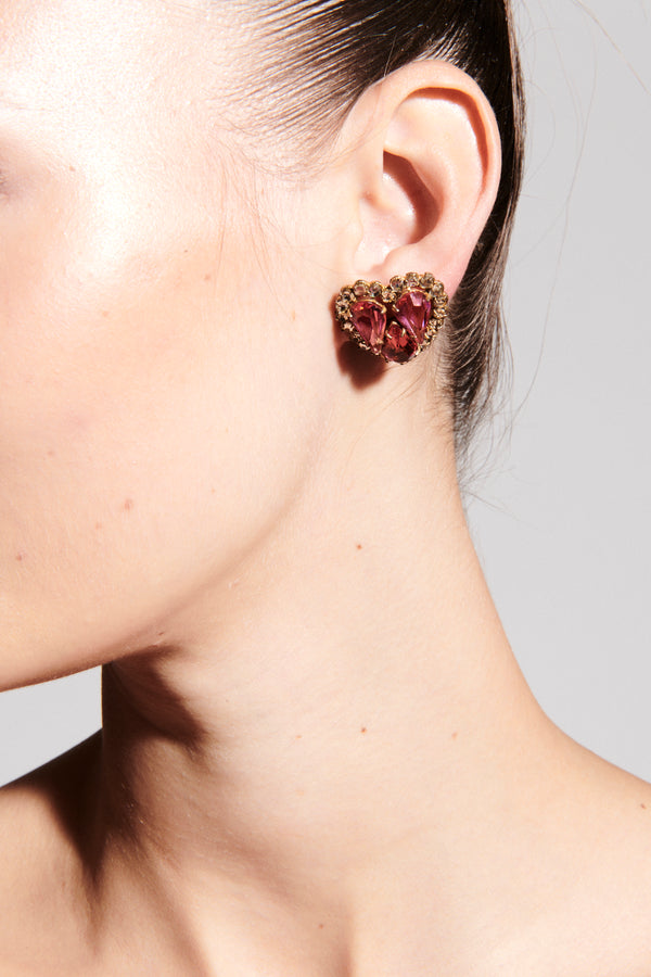 Pink Crystal/Rhinestone Heart Clip Earrings