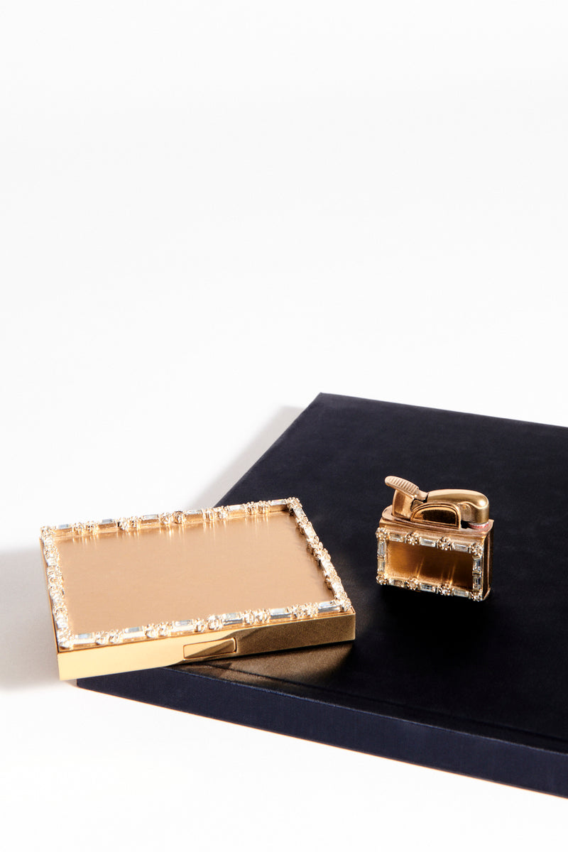 1960s Diamanté/Satin Gold Finish Case/Lighter Set
