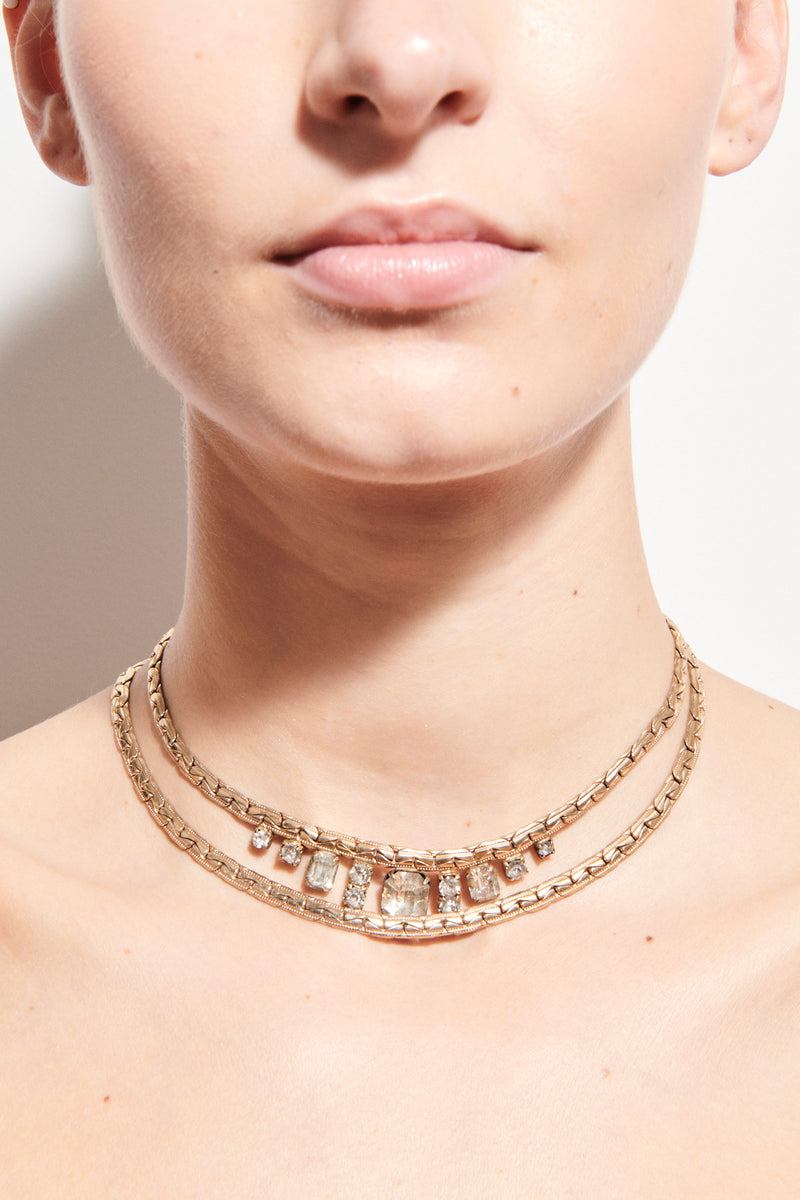 1950s Double Strand Herringbone Chain Diamanté Necklace
