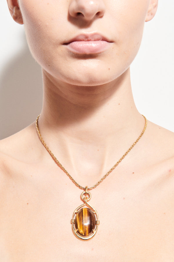 1970s Cabochon Tiger Eye Pendant Necklace