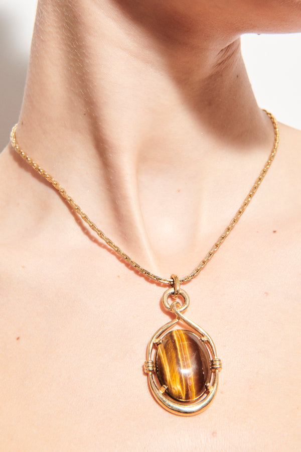 1970s Cabochon Tiger Eye Pendant Necklace