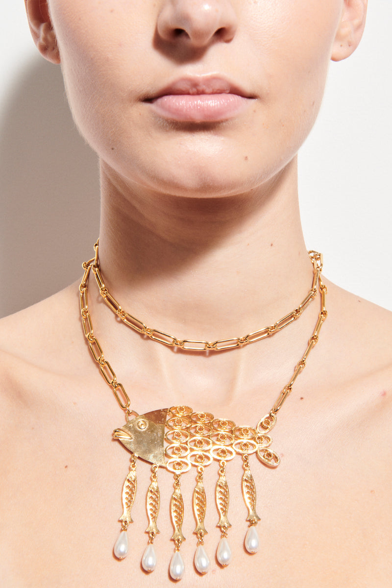 1970s Fish/Faux Pearl Link Chain Necklace