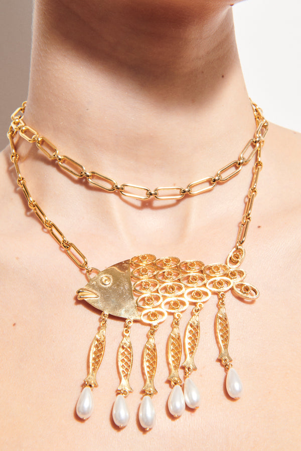 1970s Fish/Faux Pearl Link Chain Necklace