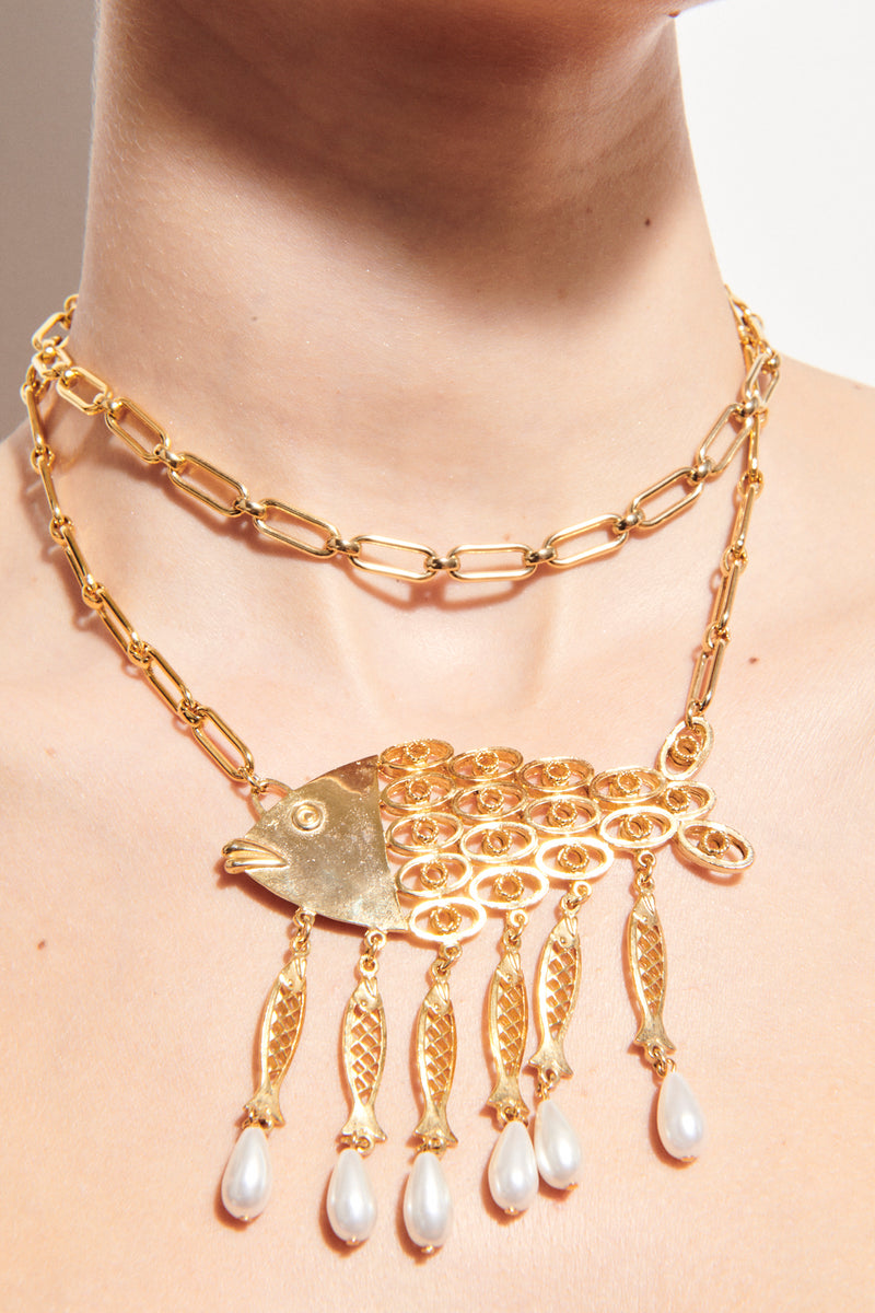 1970s Fish/Faux Pearl Link Chain Necklace