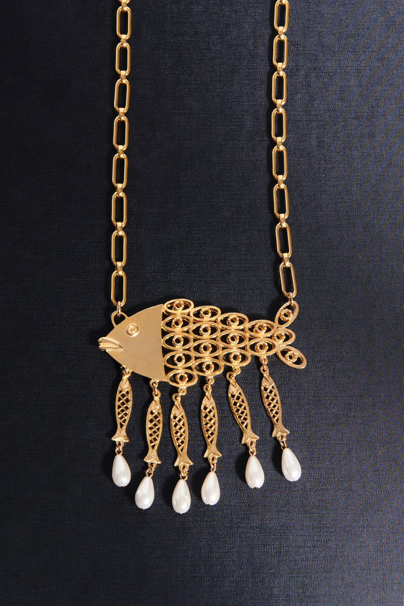 1970s Fish/Faux Pearl Link Chain Necklace